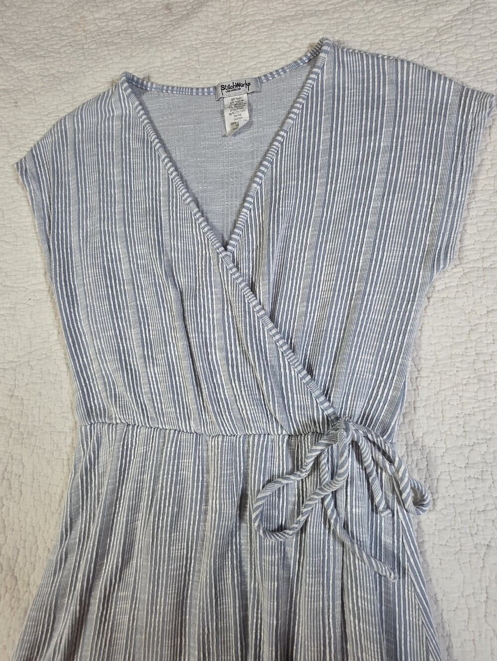 StitchWurks Los Angeles Light Blue Striped Faux Wrap Maxi Dress - Picture 4 of 9